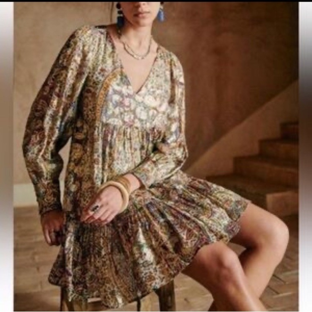 NWOT SEZANE Silk Gemini Dress Multicolor Gold‎ Foil Size FR 34 US 2 Floral Boho